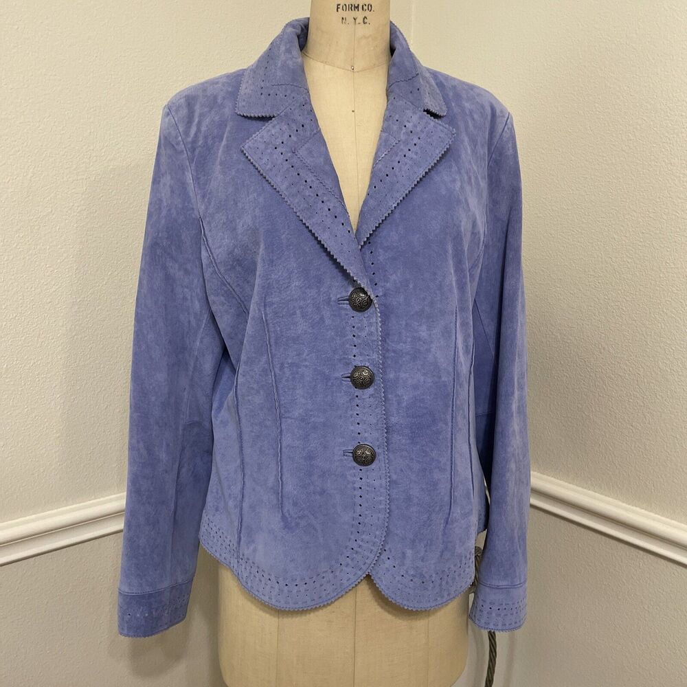 Coldwater Creek Womens Leather Jacket Size 12 Blue Suede Perforated Trim Lined